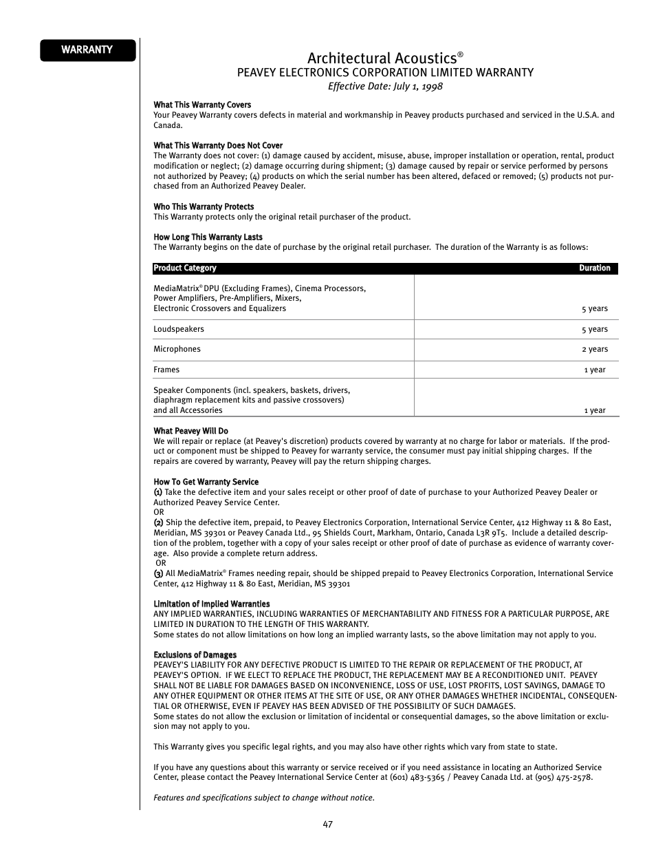 Architectural acoustics, Peavey electronics corporation limited warranty | Peavey MMA8352 User Manual | Page 47 / 48