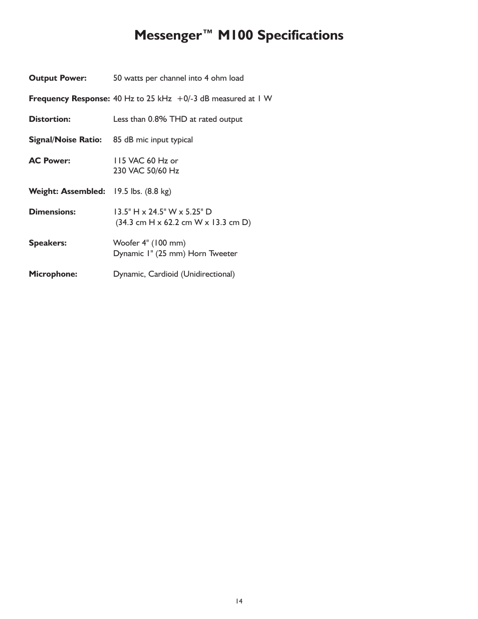 Messenger™ m100 specifications | Peavey MESSENGER M100 User Manual | Page 14 / 40