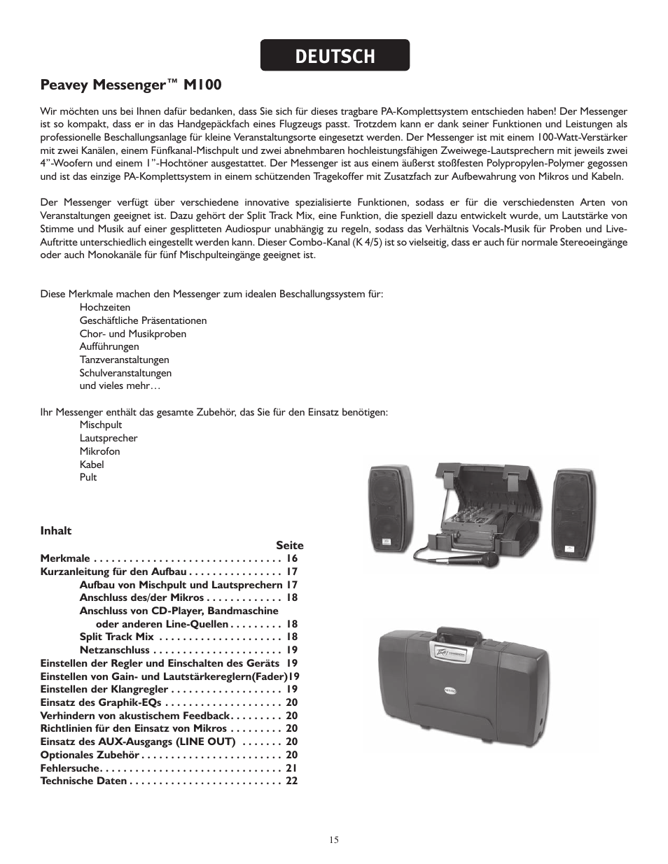 Deutsch, Peavey messenger™ m100 | Peavey MESSENGER M100 User Manual | Page 15 / 40