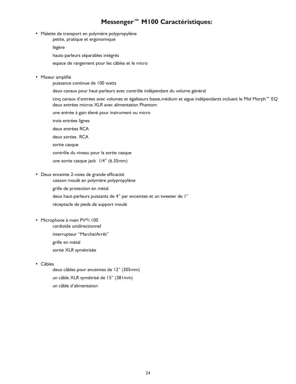 Messenger™ m100 caractéristiques | Peavey MESSENGER M100 User Manual | Page 24 / 40