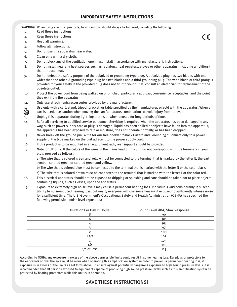 Save these instructions, Important safety instructions | Peavey MESSENGER M100 User Manual | Page 3 / 40