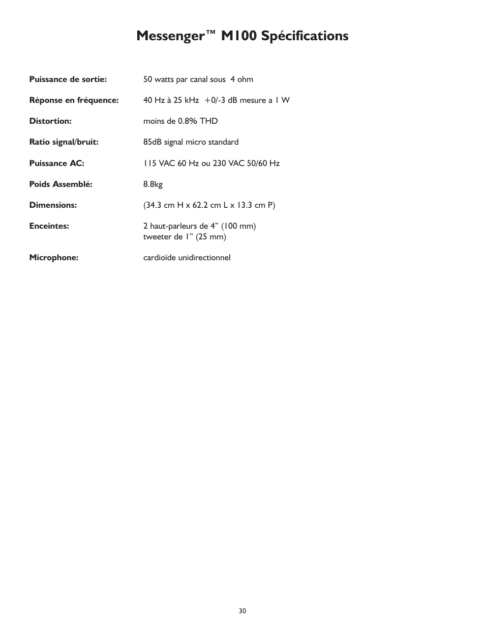 Messenger™ m100 spécifications | Peavey MESSENGER M100 User Manual | Page 30 / 40