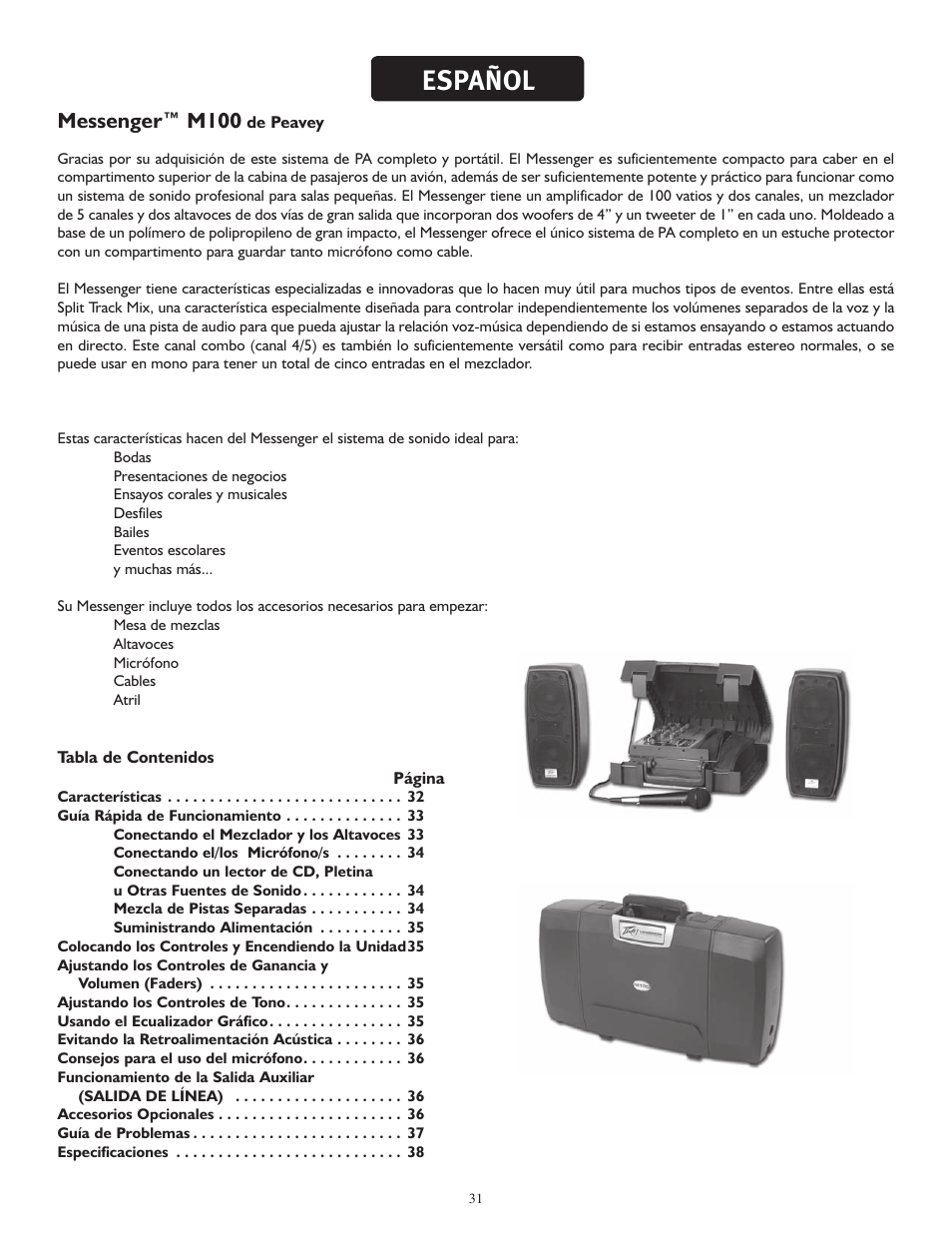 Español, Messenger™ m100 | Peavey MESSENGER M100 User Manual | Page 31 / 40