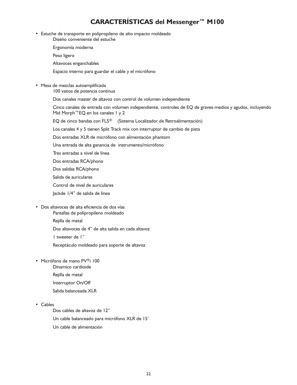 Características del messenger™ m100 | Peavey MESSENGER M100 User Manual | Page 32 / 40