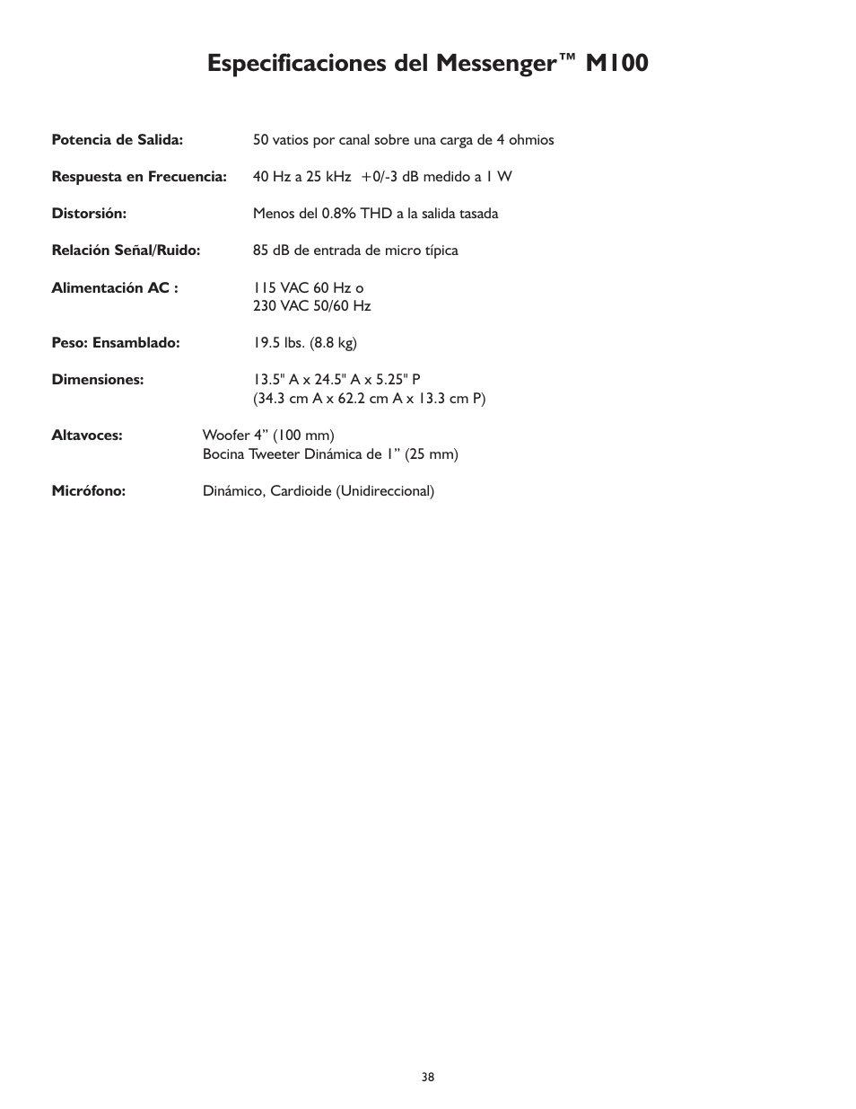 Especificaciones del messenger™ m100 | Peavey MESSENGER M100 User Manual | Page 38 / 40