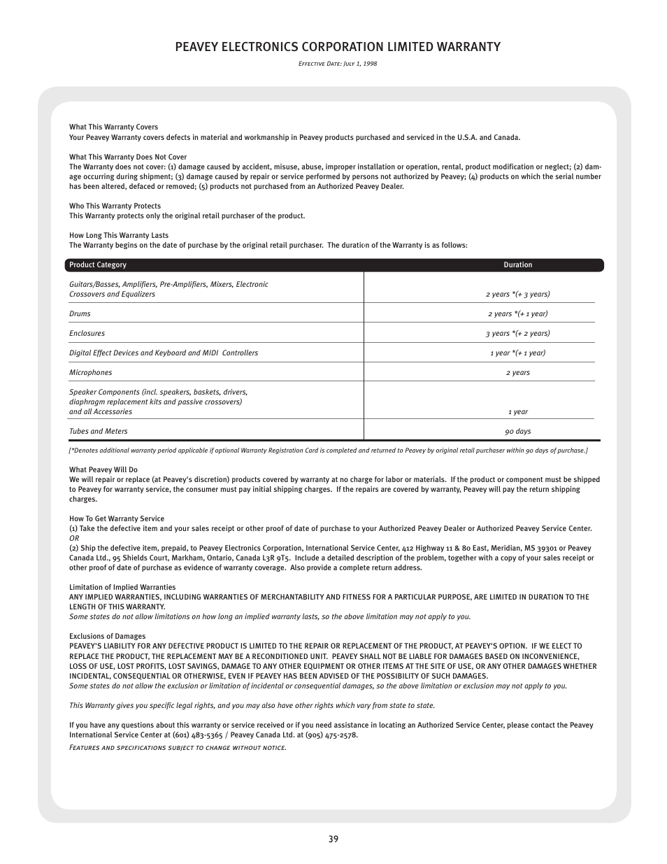 Peavey electronics corporation limited warranty | Peavey MESSENGER M100 User Manual | Page 39 / 40