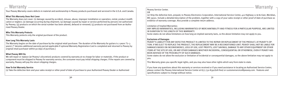 Warranty | Peavey 141211105 User Manual | Page 16 / 17