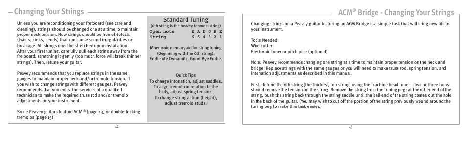 Changing your strings acm, Bridge - changing your strings, Standard tuning | Peavey 141211105 User Manual | Page 7 / 17