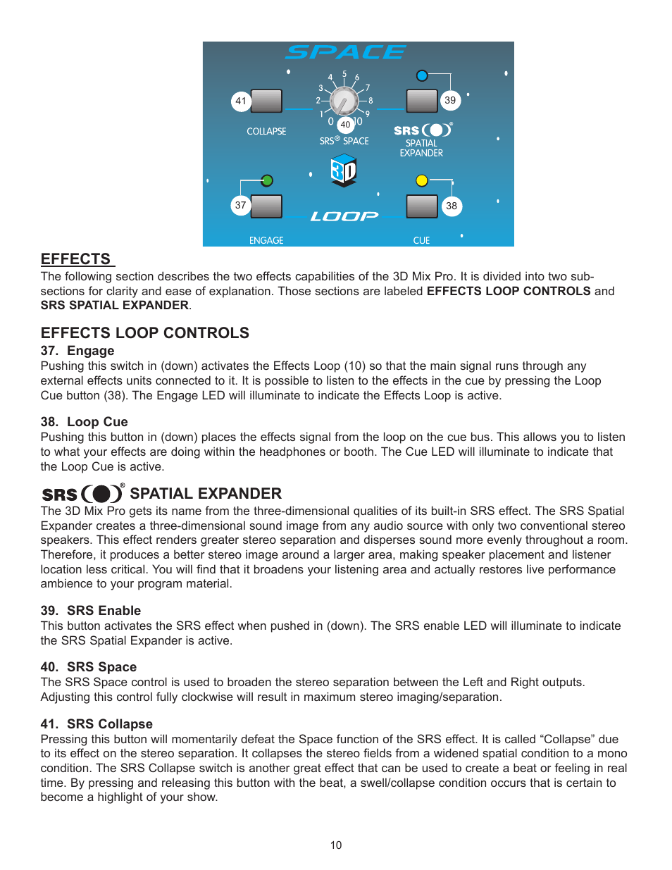 Effects, Effects loop controls, Spatial expander | Peavey 3D Mix Pro User Manual | Page 10 / 48