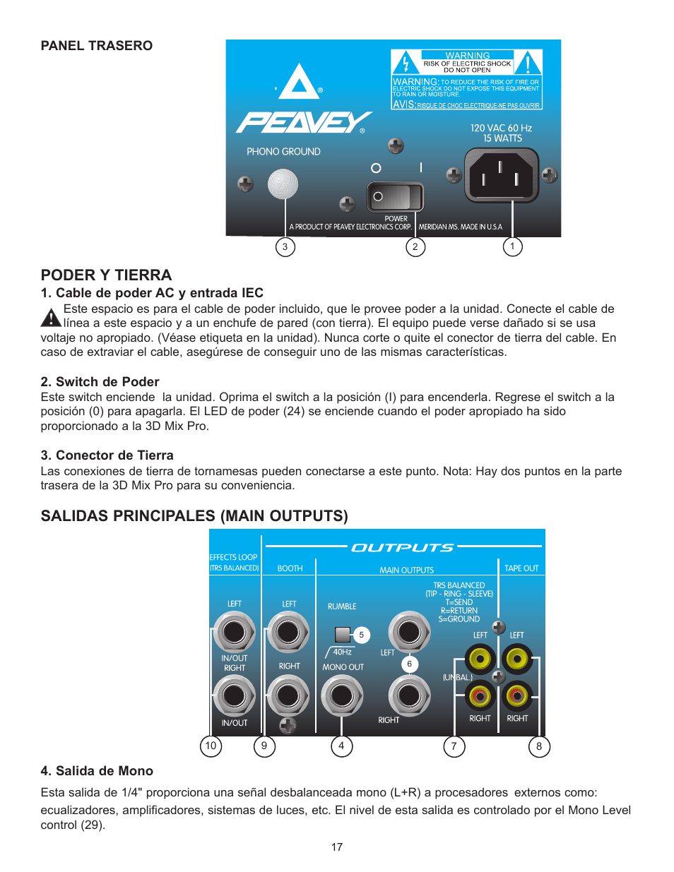 Poder y tierra, Salidas principales (main outputs) | Peavey 3D Mix Pro User Manual | Page 17 / 48