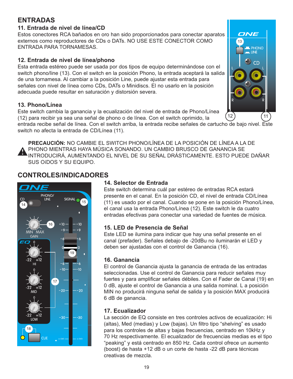 Entradas, Controles/indicadores | Peavey 3D Mix Pro User Manual | Page 19 / 48