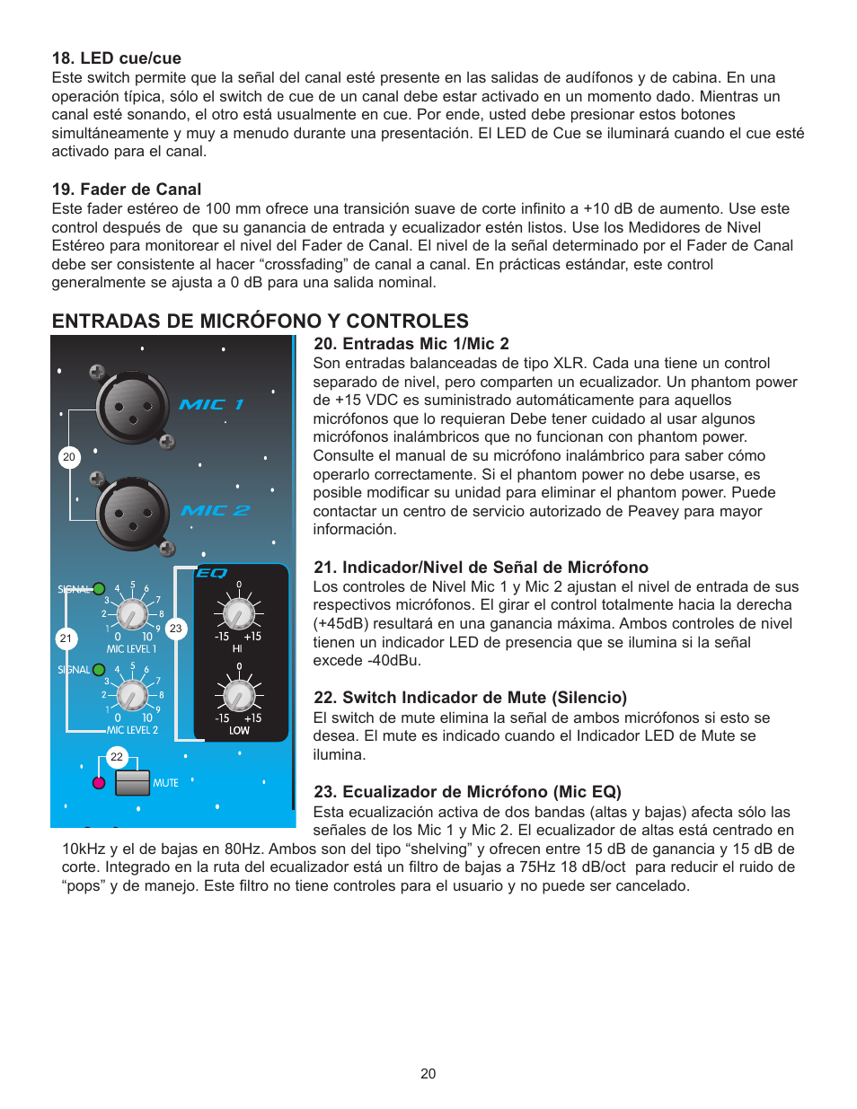 Entradas de micrîfono y controles | Peavey 3D Mix Pro User Manual | Page 20 / 48