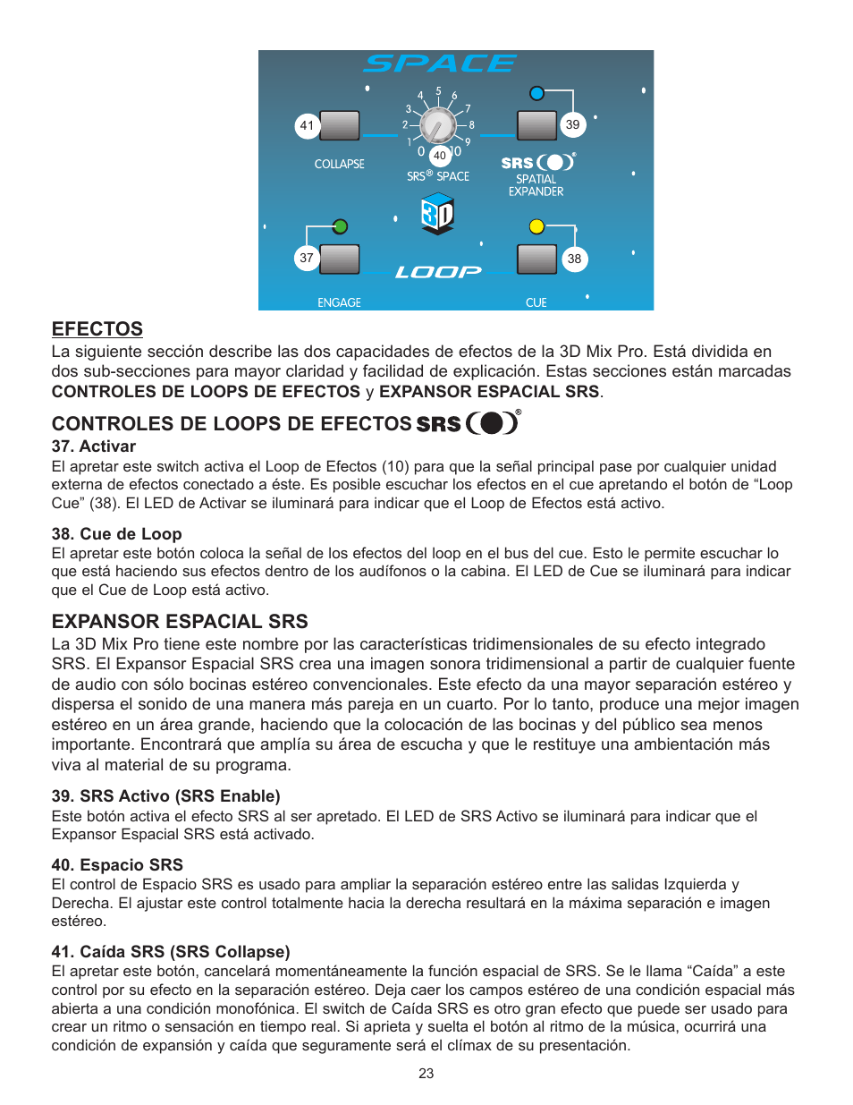 Efectos, Controles de loops de efectos, Expansor espacial srs | Peavey 3D Mix Pro User Manual | Page 23 / 48