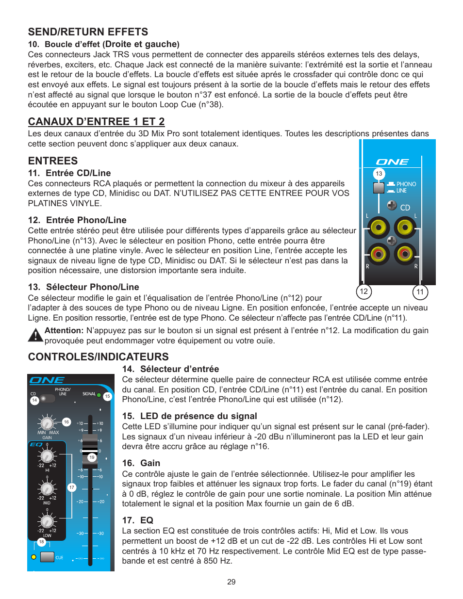 Send/return effets, Canaux dõentree 1 et 2, Entrees | Controles/indicateurs | Peavey 3D Mix Pro User Manual | Page 29 / 48