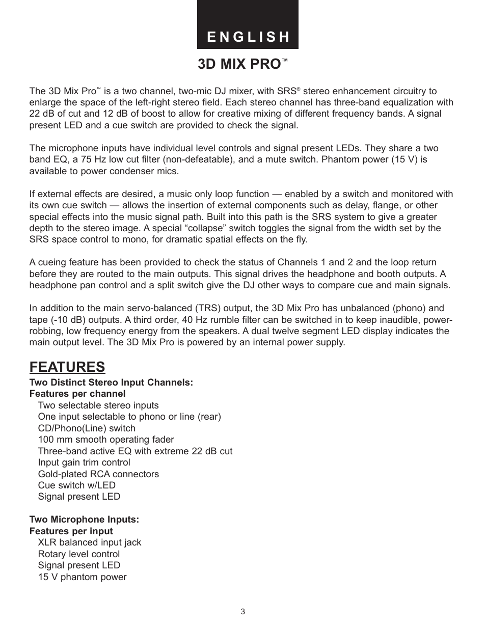 3d mix pro, Features | Peavey 3D Mix Pro User Manual | Page 3 / 48