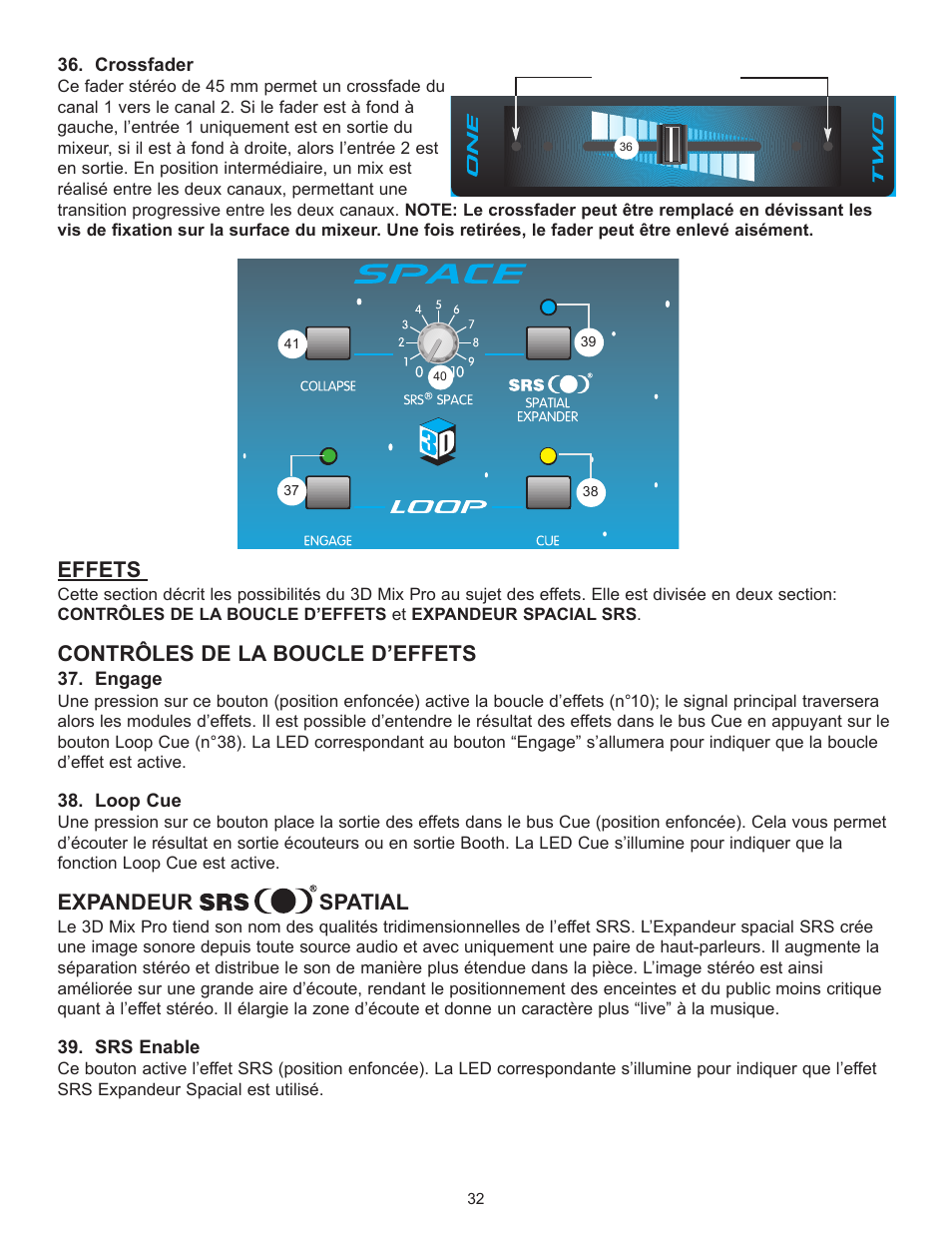 Effets, Contrïles de la boucle dõeffets, Expandeur spatial | Peavey 3D Mix Pro User Manual | Page 32 / 48