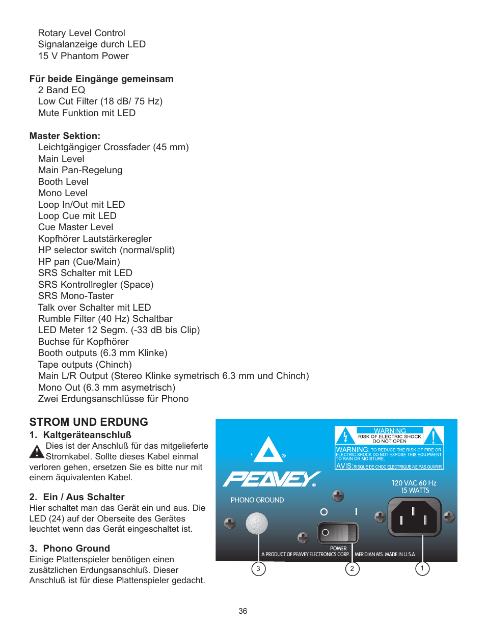 Strom und erdung | Peavey 3D Mix Pro User Manual | Page 36 / 48