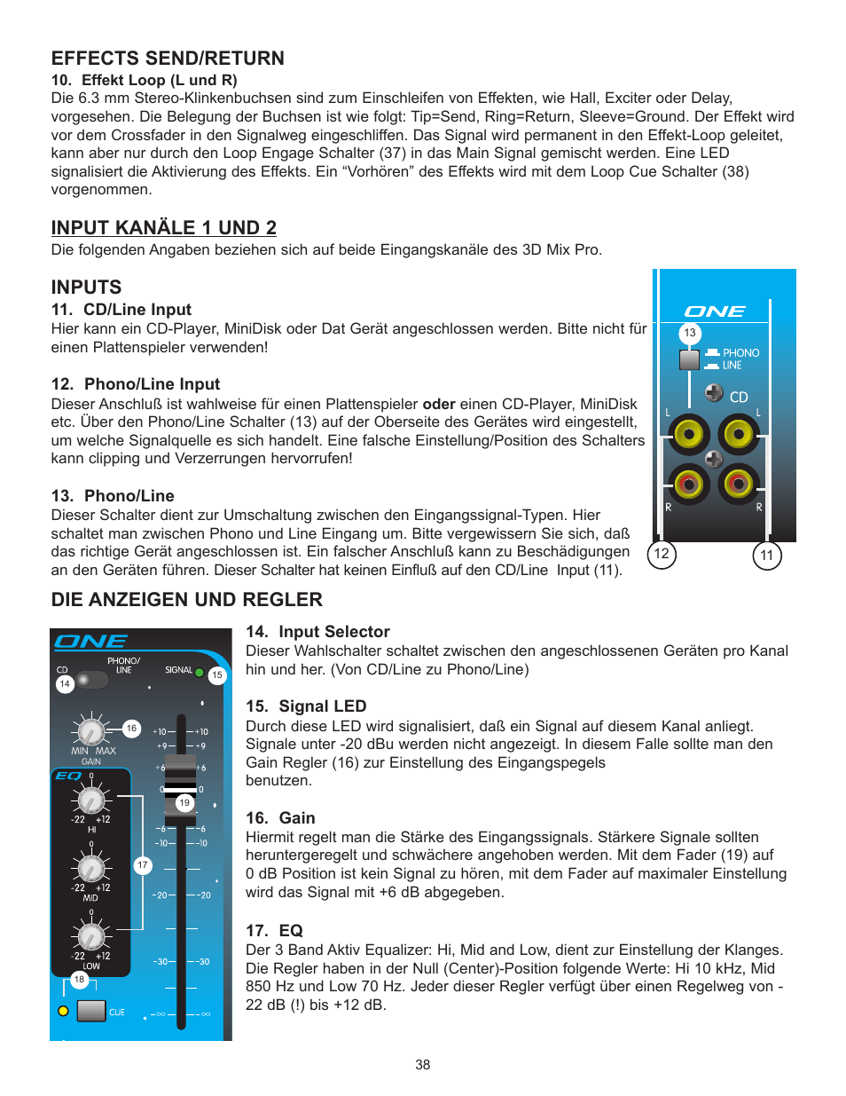 Effects send/return, Input kan€le 1 und 2, Inputs | Die anzeigen und regler | Peavey 3D Mix Pro User Manual | Page 38 / 48