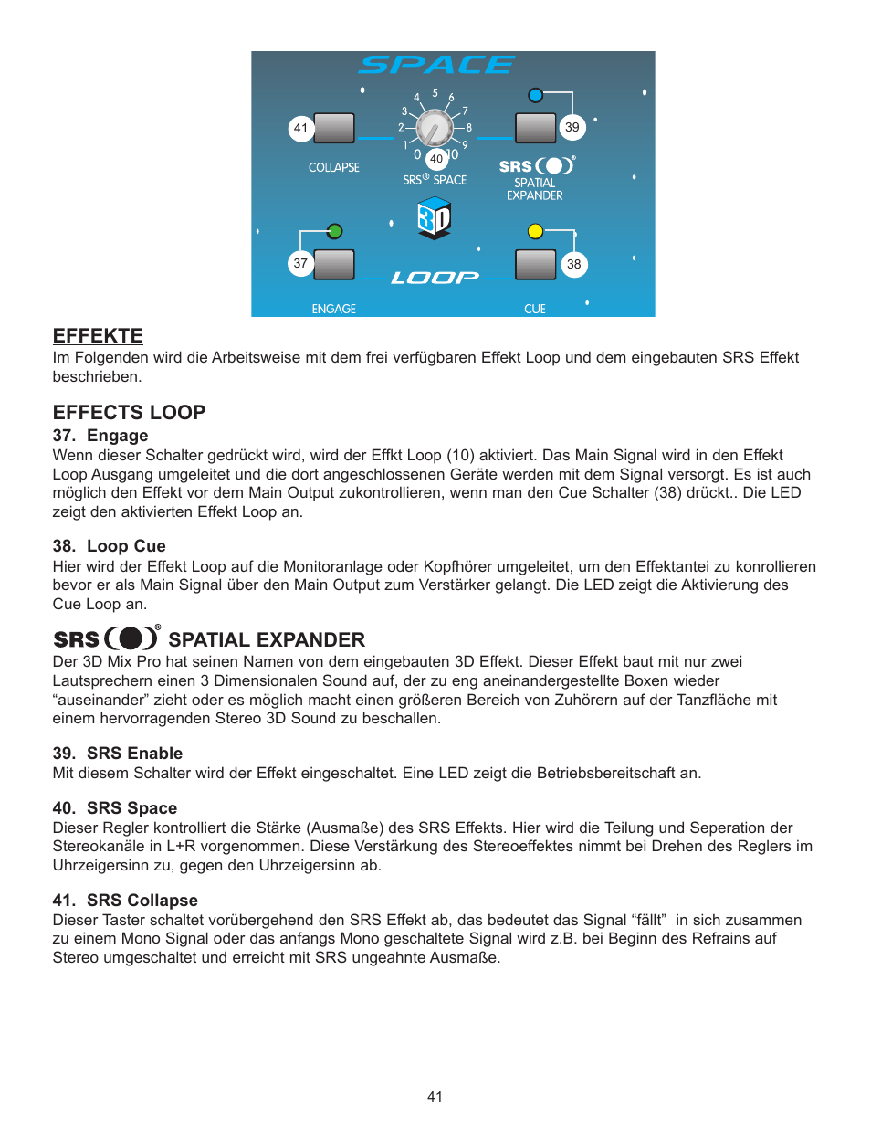 Effekte, Effects loop, Spatial expander | Peavey 3D Mix Pro User Manual | Page 41 / 48