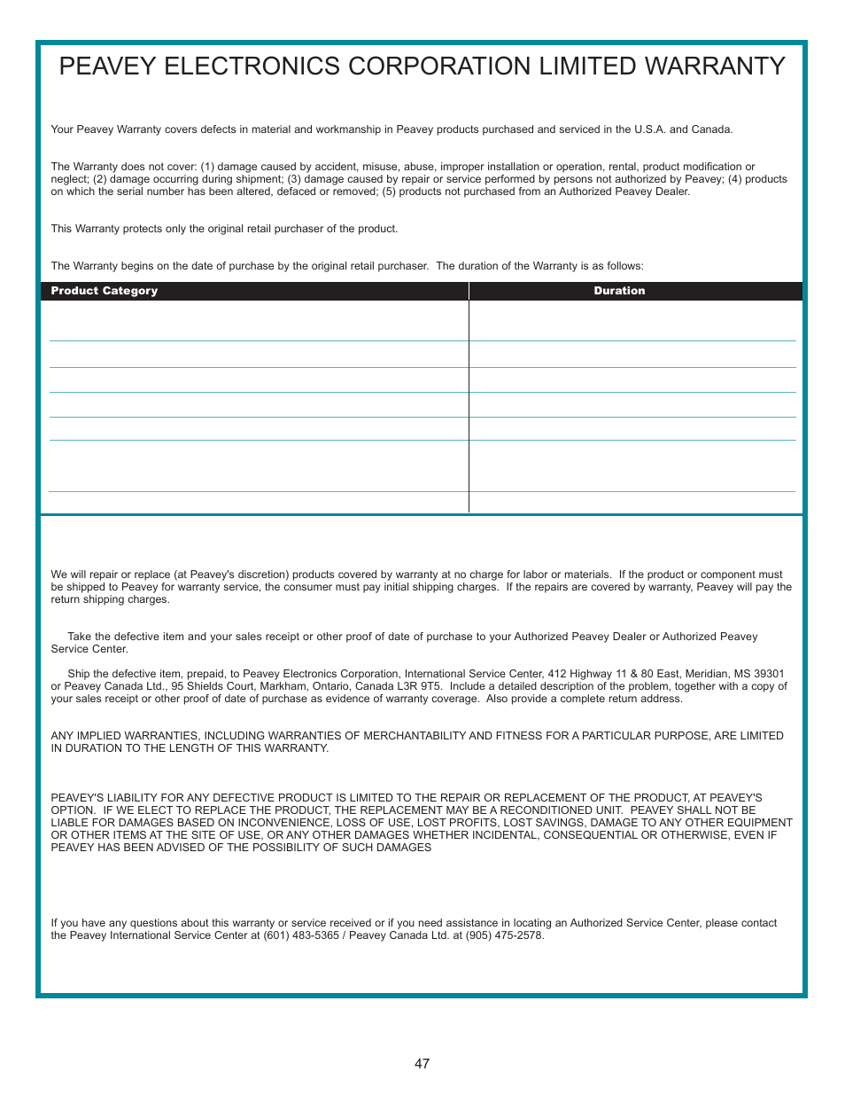 Peavey electronics corporation limited warranty | Peavey 3D Mix Pro User Manual | Page 47 / 48