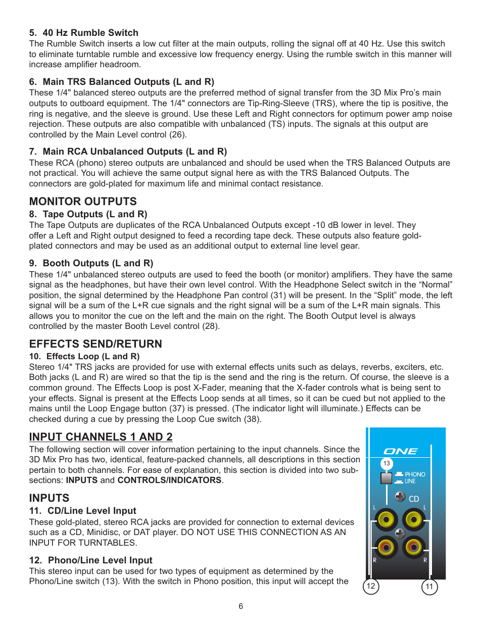 Monitor outputs, Effects send/return, Input channels 1 and 2 | Inputs | Peavey 3D Mix Pro User Manual | Page 6 / 48