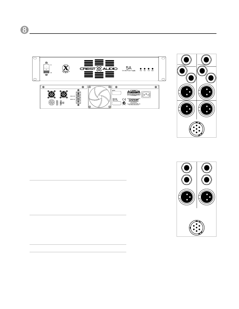 Power supply, X-eight owner’s manual, Hs master rear-panel | Rt group rear-panel, Model 5a power supply specifications, P. 140 | Peavey X-Eight HS User Manual | Page 140 / 144