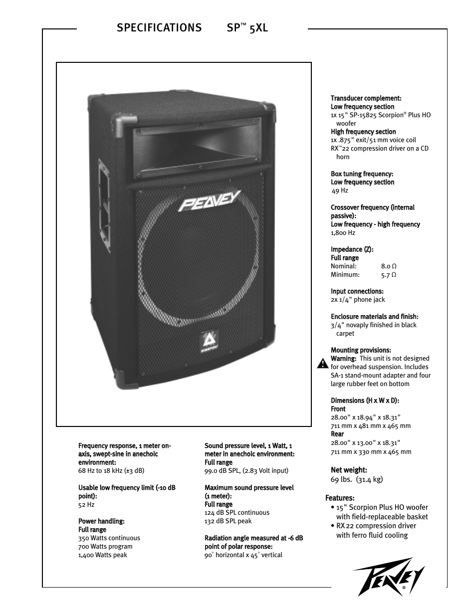 Peavey SP 5XL User Manual | 4 pages