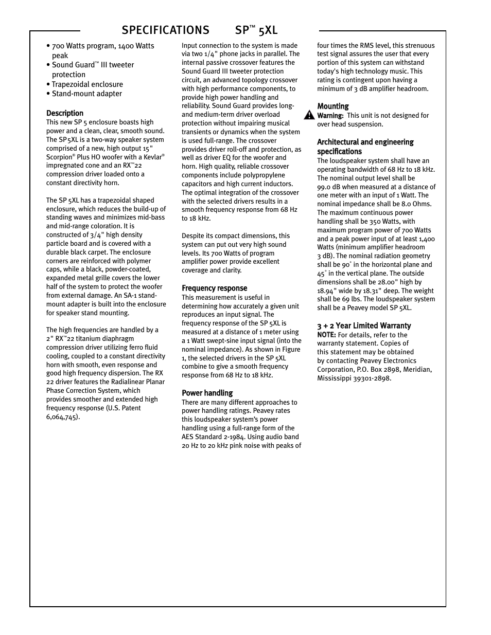 Specifications sp | Peavey SP 5XL User Manual | Page 2 / 4