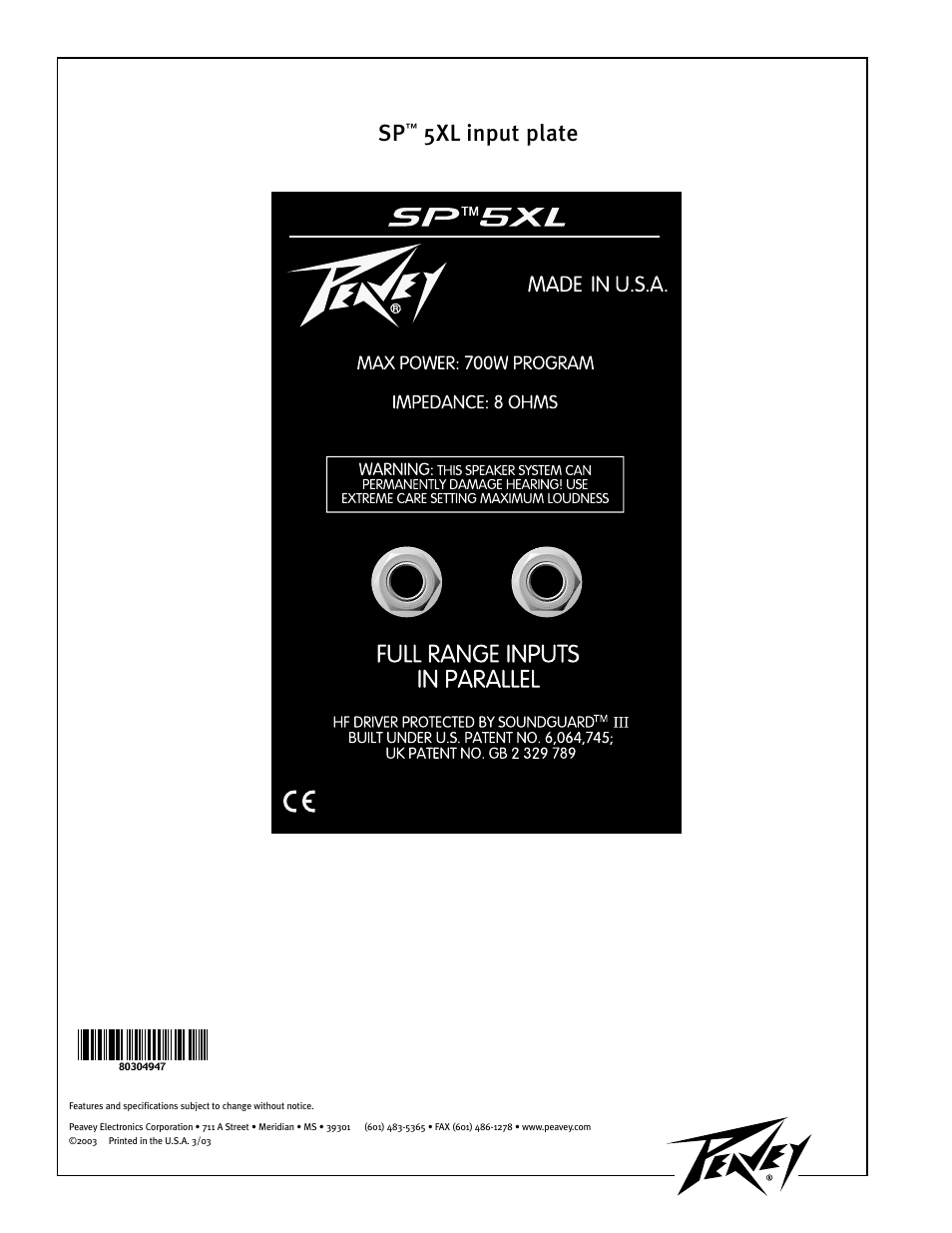 5xl input plate | Peavey SP 5XL User Manual | Page 4 / 4