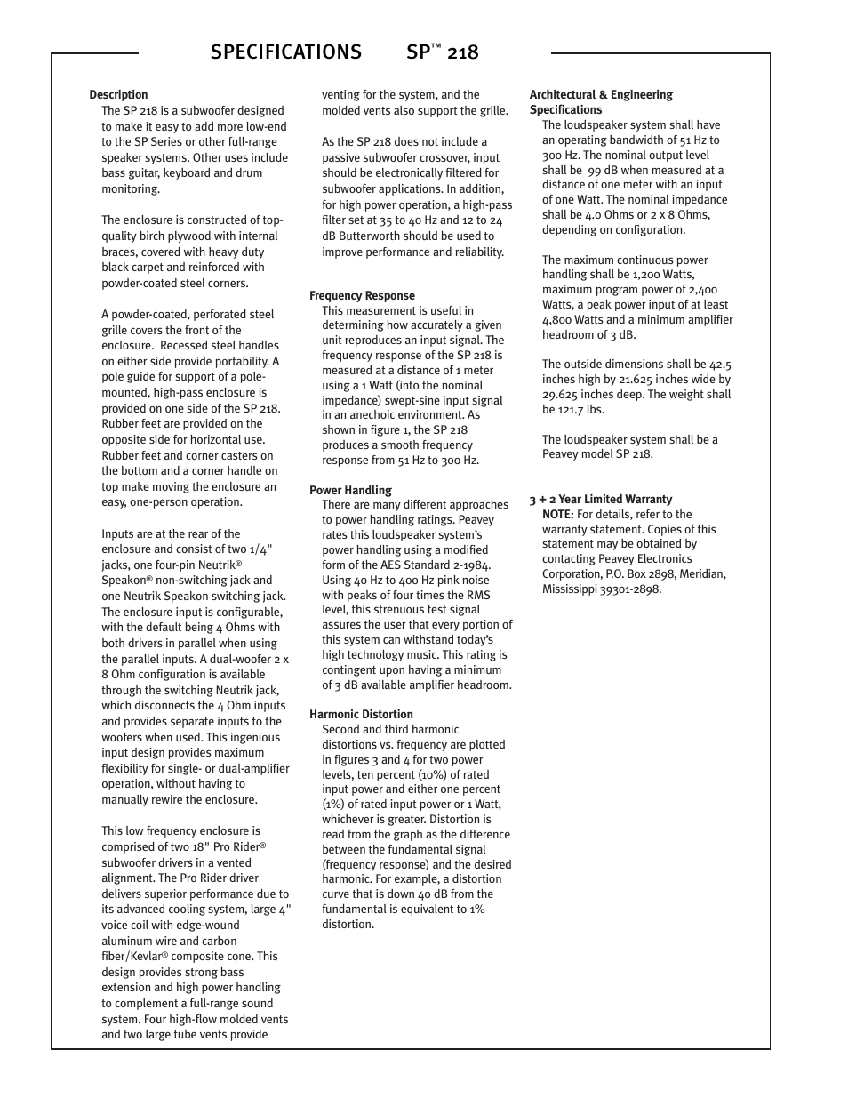 Specifications sp | Peavey SP 218 User Manual | Page 2 / 4