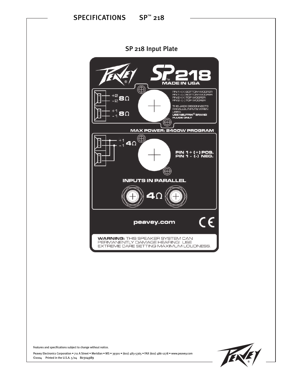 Specifications sp, Sp 218 input plate | Peavey SP 218 User Manual | Page 4 / 4