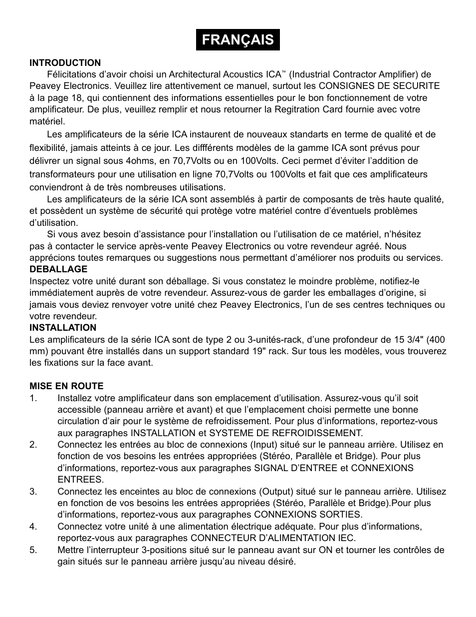 Français | Peavey ICA 600 User Manual | Page 32 / 64