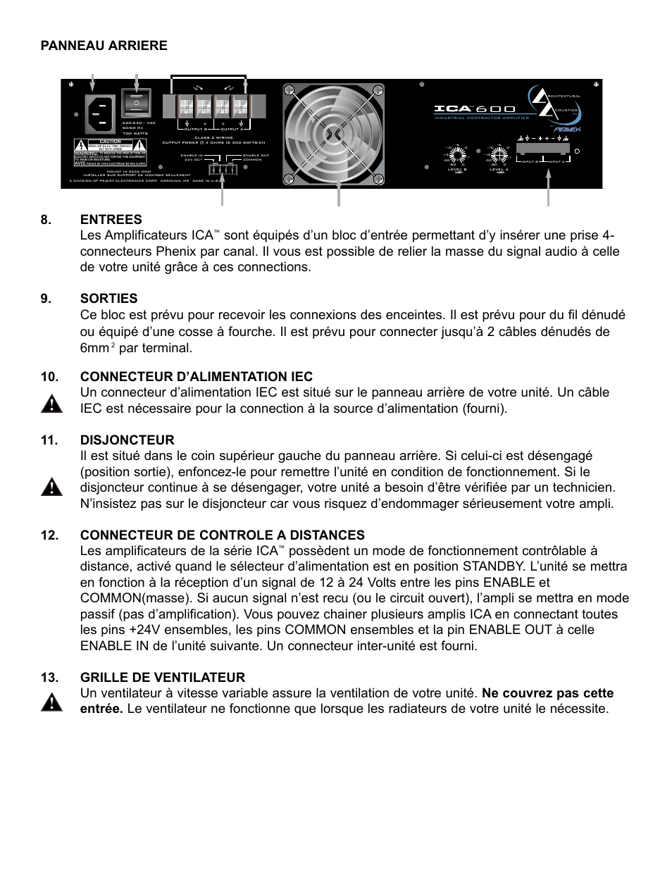 Panneau arriere 8. entrees les amplificateurs ica | Peavey ICA 600 User Manual | Page 34 / 64