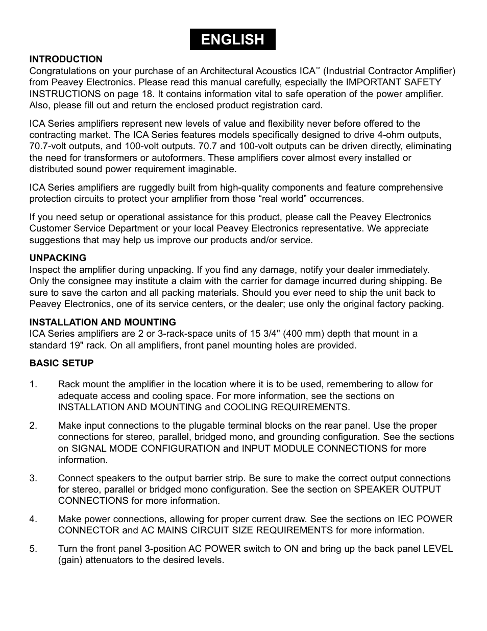 English | Peavey ICA 600 User Manual | Page 4 / 64