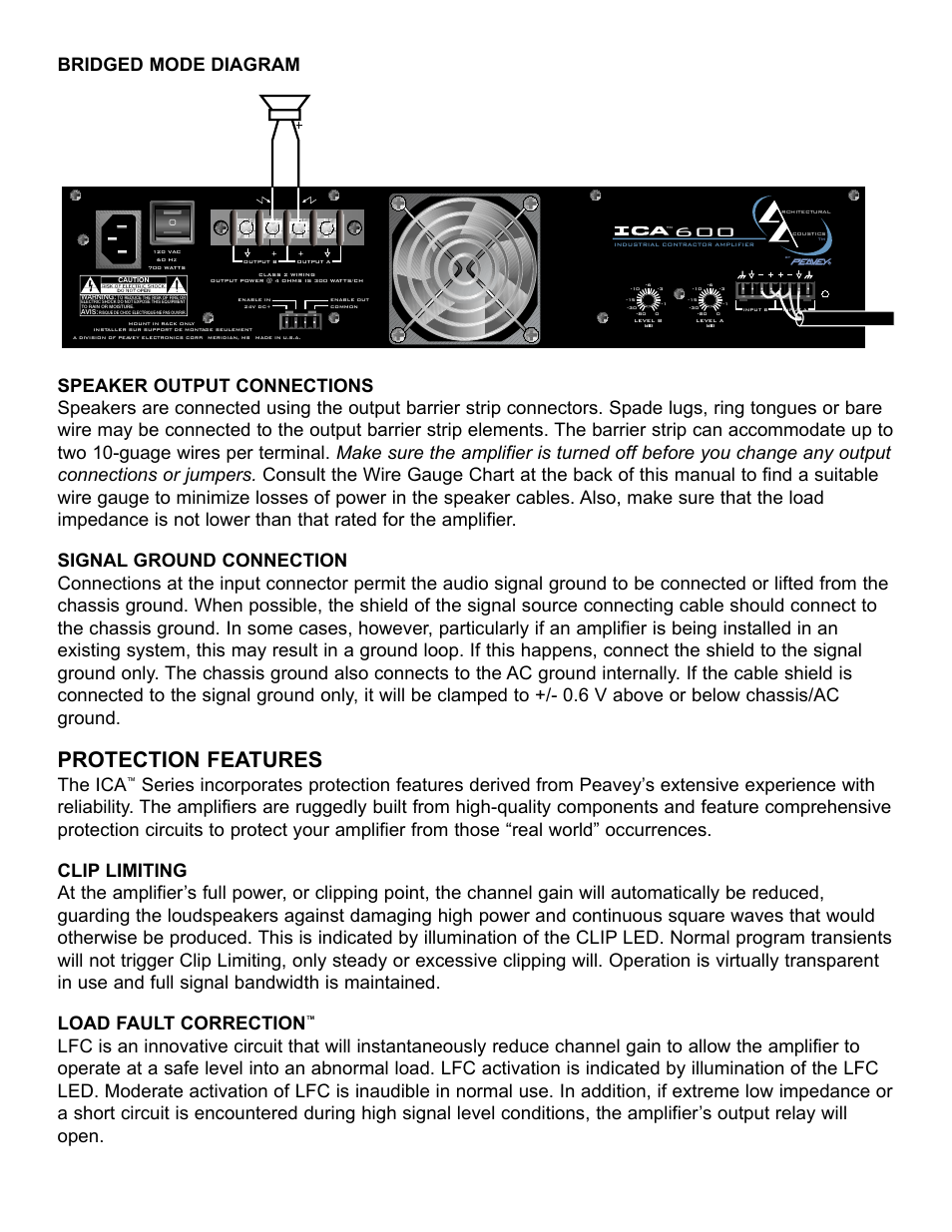 Protection features, The ica | Peavey ICA 600 User Manual | Page 9 / 64