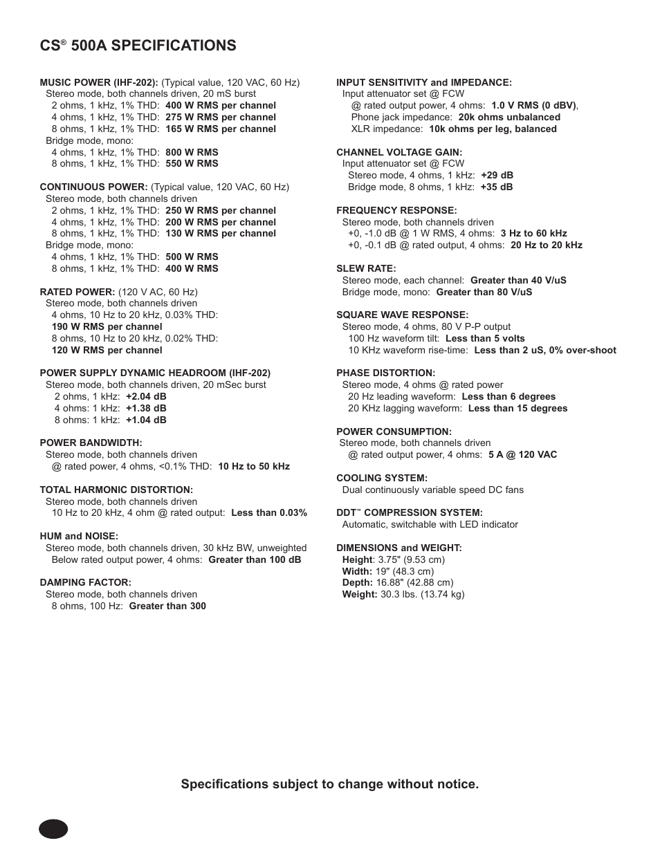 500a specifications | Peavey CS 800S User Manual | Page 10 / 36