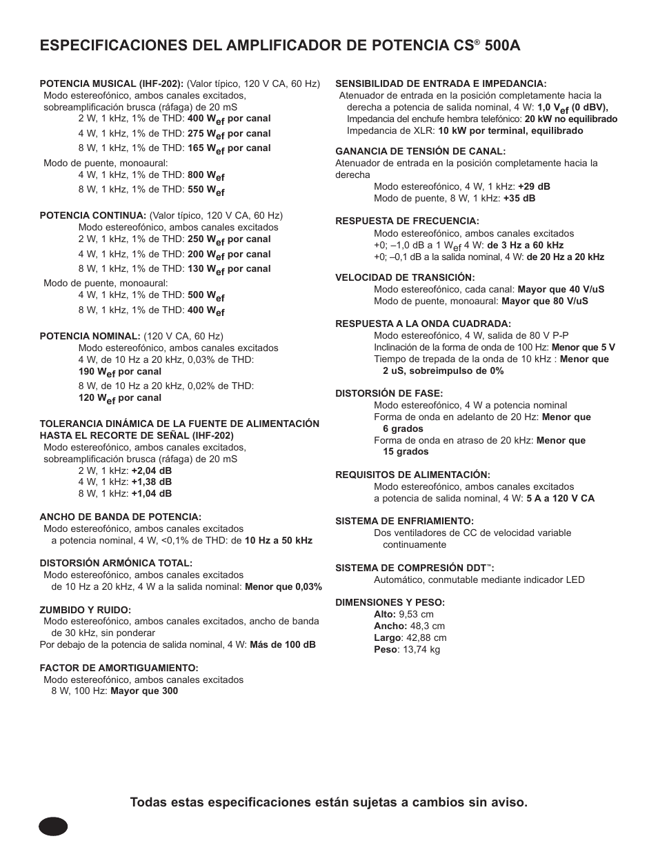 Especificaciones del amplificador de potencia cs, 500a | Peavey CS 800S User Manual | Page 18 / 36