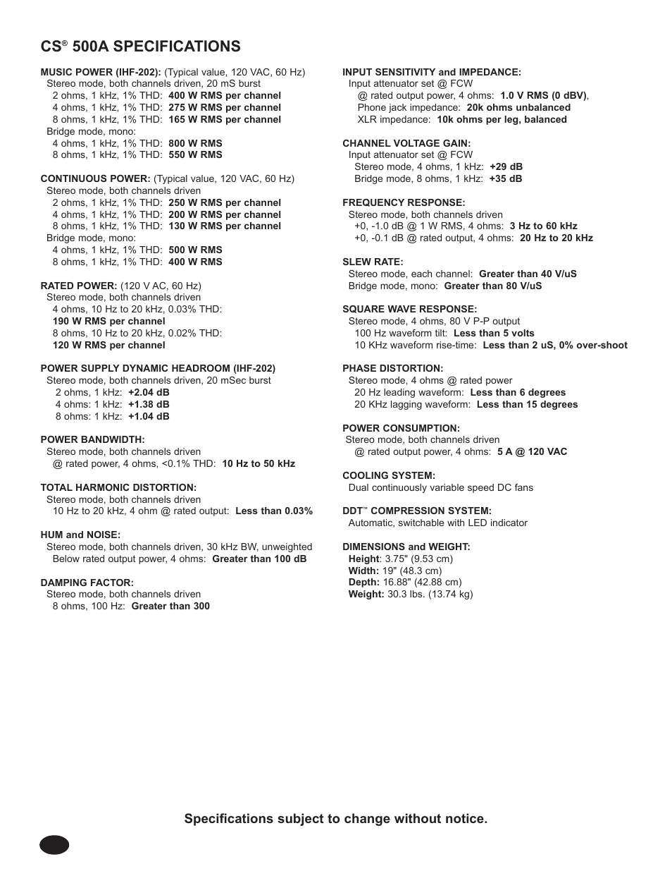 500a specifications | Peavey CS 800S User Manual | Page 24 / 36