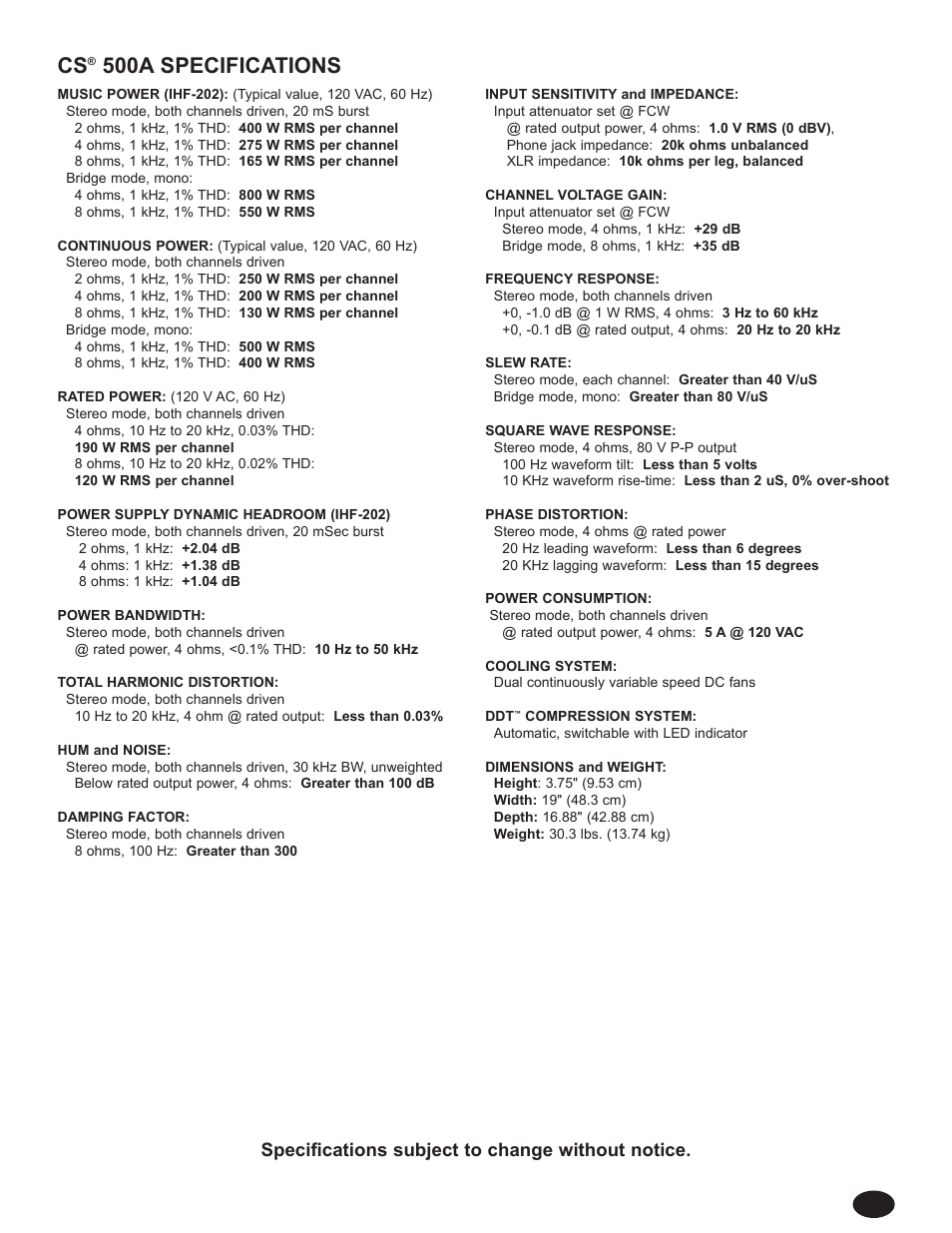 500a specifications | Peavey CS 800S User Manual | Page 31 / 36