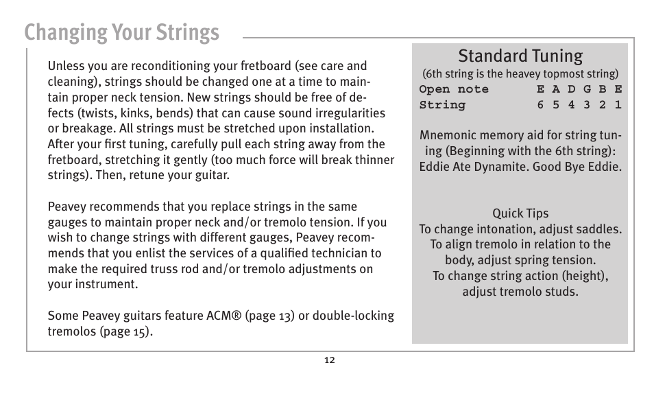 Changing your strings, Standard tuning | Peavey humbucker model User Manual | Page 12 / 32