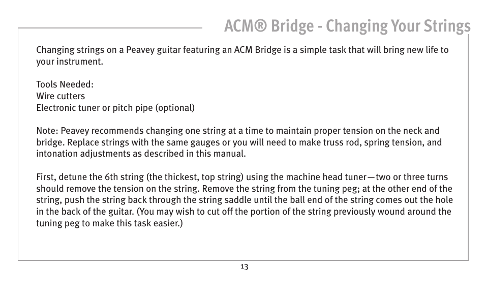 Acm® bridge - changing your strings | Peavey humbucker model User Manual | Page 13 / 32
