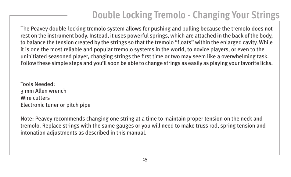 Double locking tremolo - changing your strings | Peavey humbucker model User Manual | Page 15 / 32