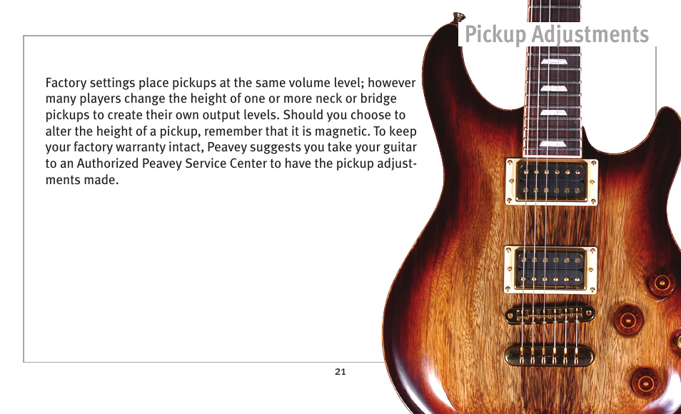 Pickup adjustments | Peavey humbucker model User Manual | Page 21 / 32