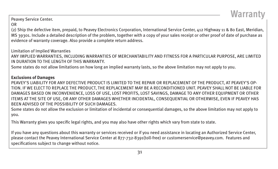 Warranty | Peavey humbucker model User Manual | Page 31 / 32