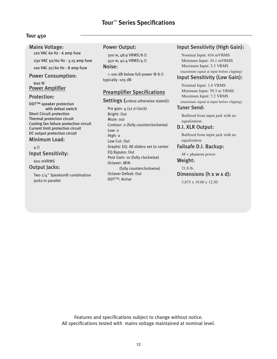 Tour, Series specifications | Peavey TourTM Series User Manual | Page 12 / 16