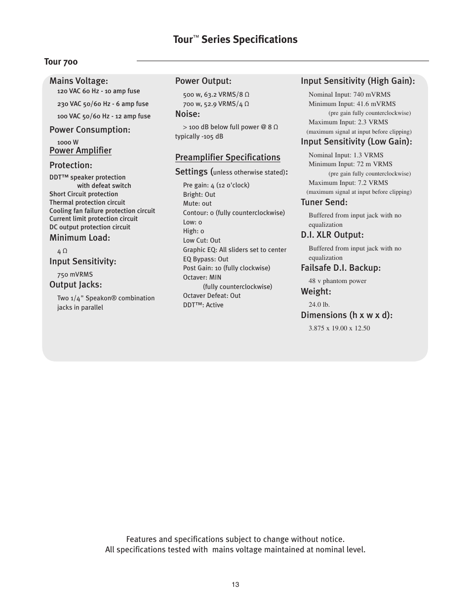 Tour, Series specifications | Peavey TourTM Series User Manual | Page 13 / 16