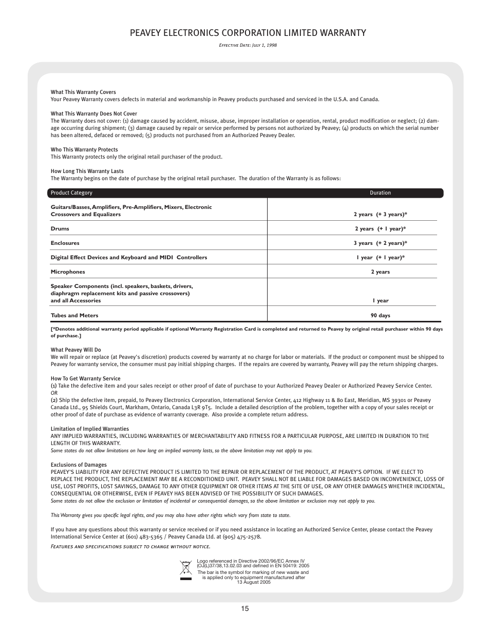 Peavey electronics corporation limited warranty | Peavey TourTM Series User Manual | Page 15 / 16