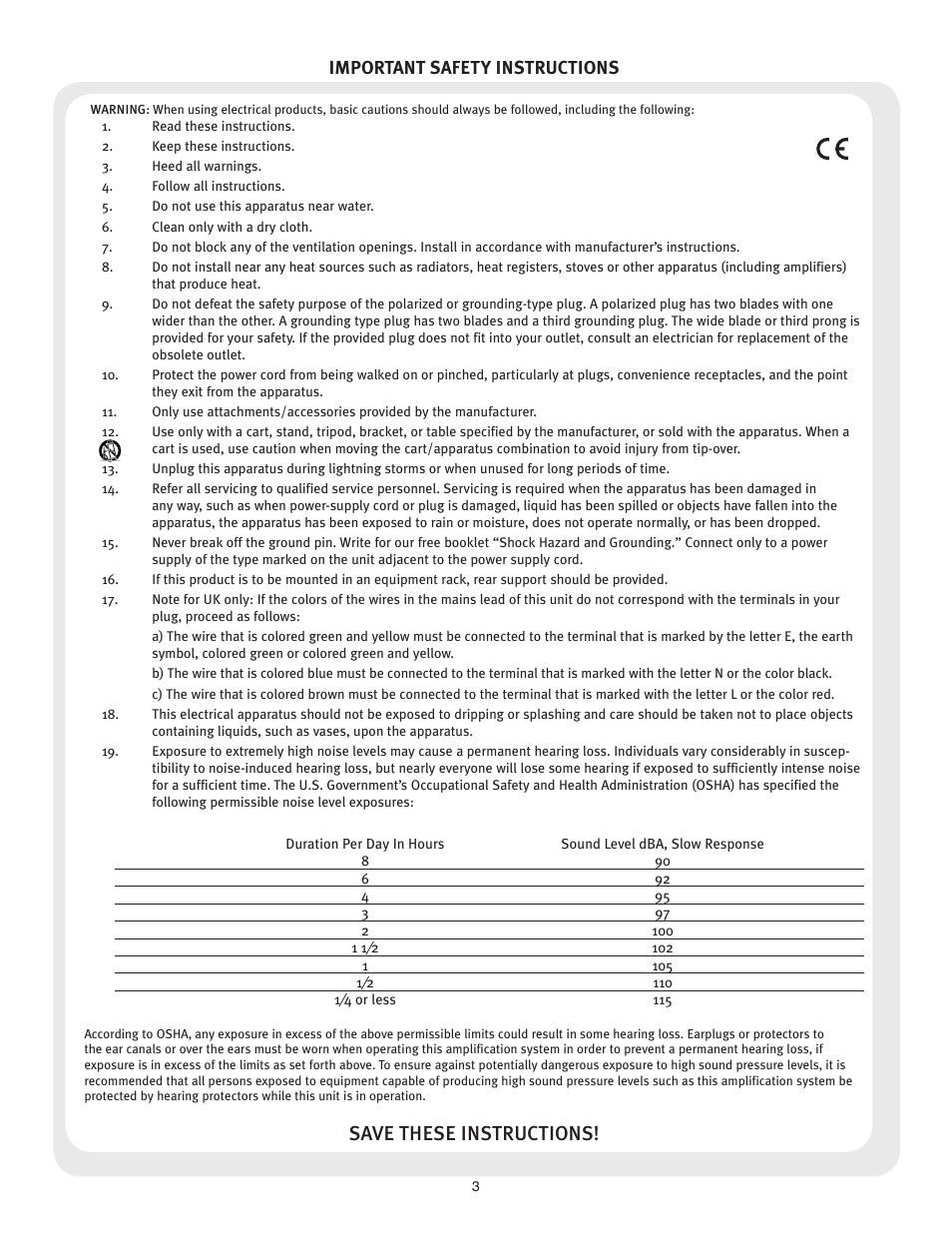 Save these instructions, Important safety instructions | Peavey TourTM Series User Manual | Page 3 / 16