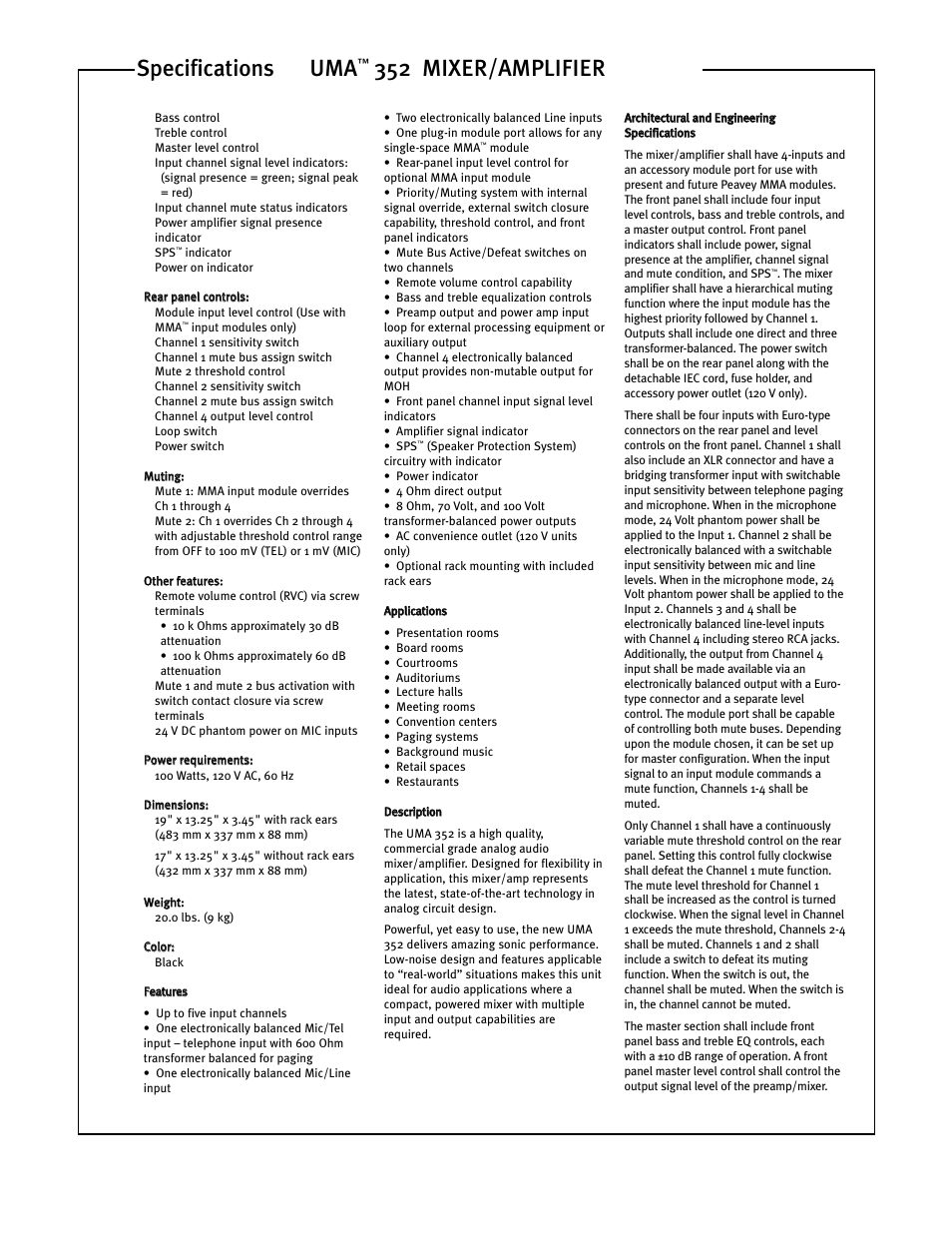 352 mixer/amplifier specifications | Peavey UMA 352 User Manual | Page 2 / 4