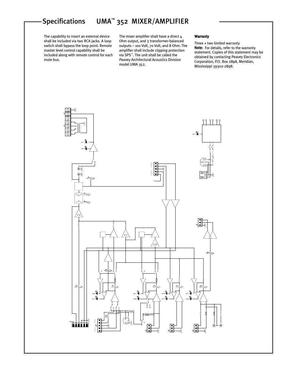 352 mixer/amplifier specifications | Peavey UMA 352 User Manual | Page 3 / 4